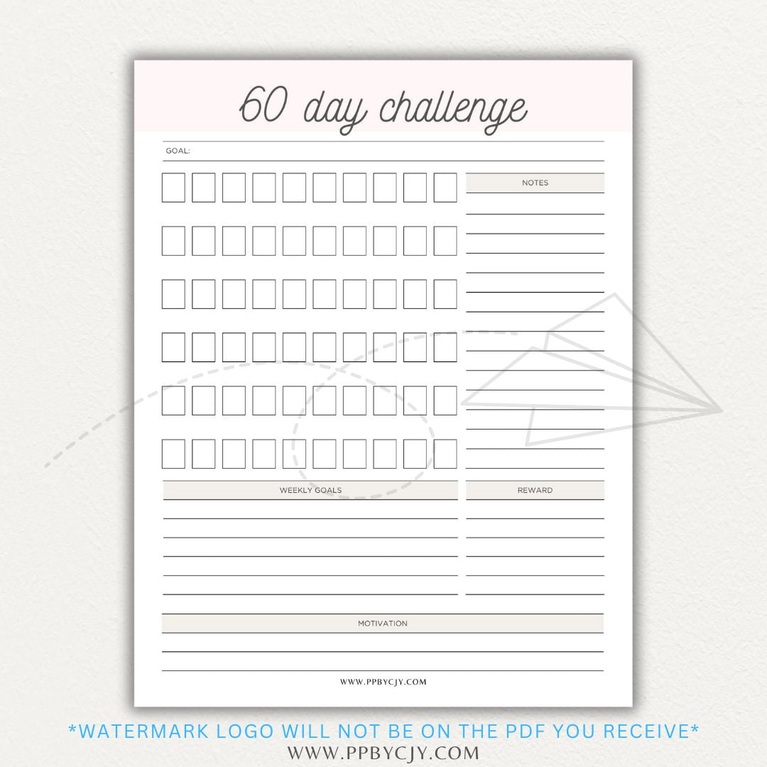 60 Day Goal Challenge Printable Template – Digital Download for Setting and Tracking Goals