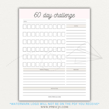 60 Day Goal Challenge Printable Template – Digital Download for Setting and Tracking Goals