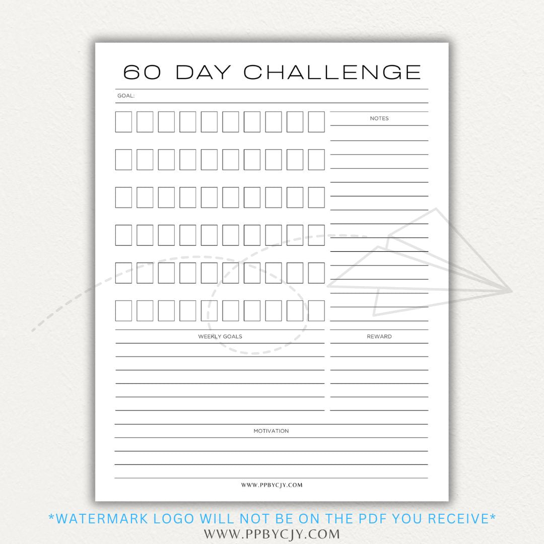 60 Day Goal Challenge Printable Template – Digital Download for Setting and Tracking Goals