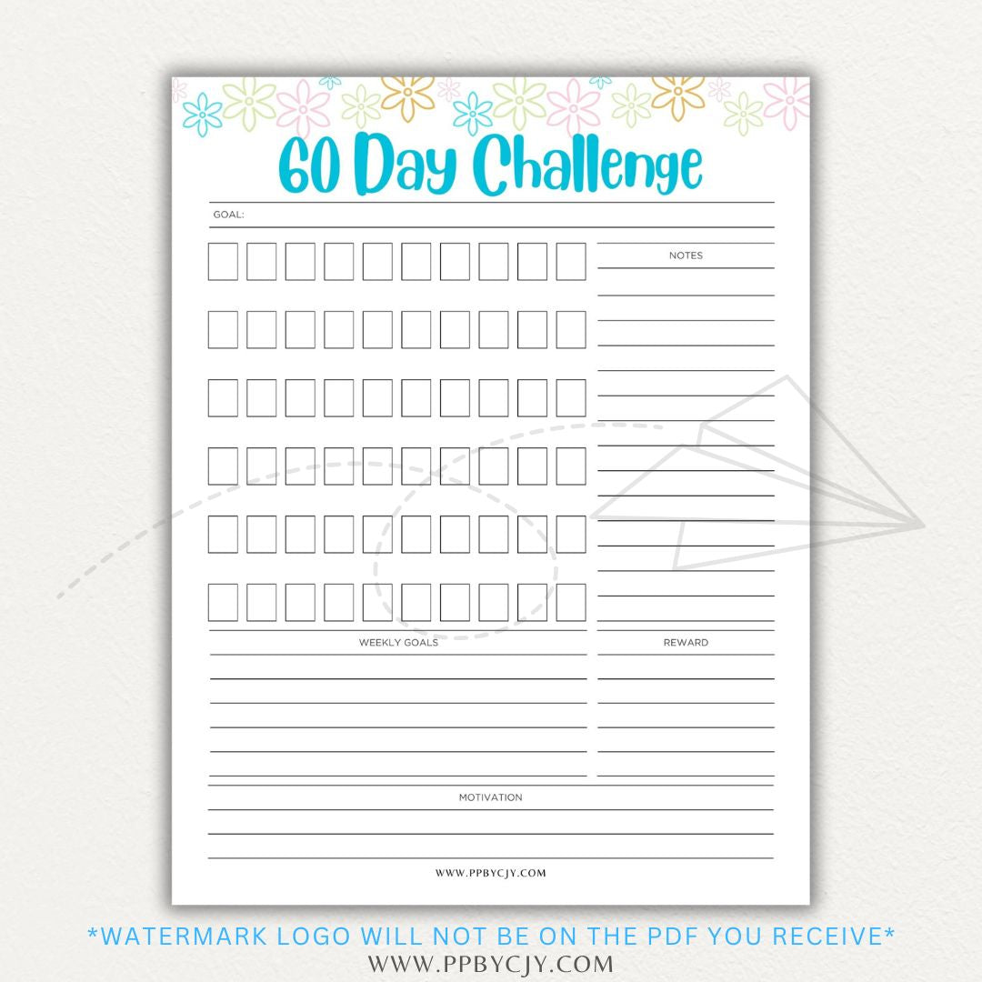 60 Day Goal Challenge Printable Template – Digital Download for Setting and Tracking Goals