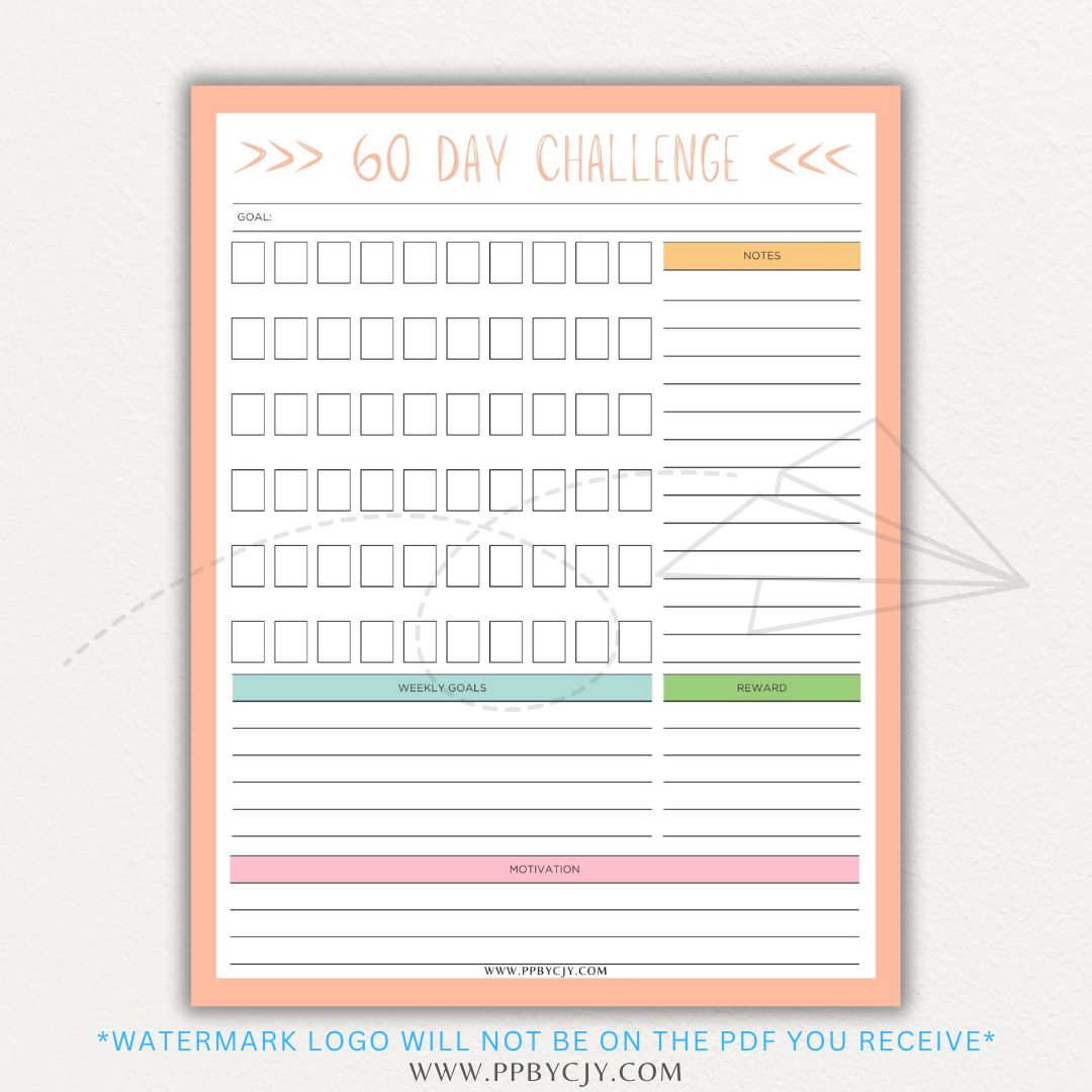 60 Day Goal Challenge Printable Template – Digital Download for Setting and Tracking Goals