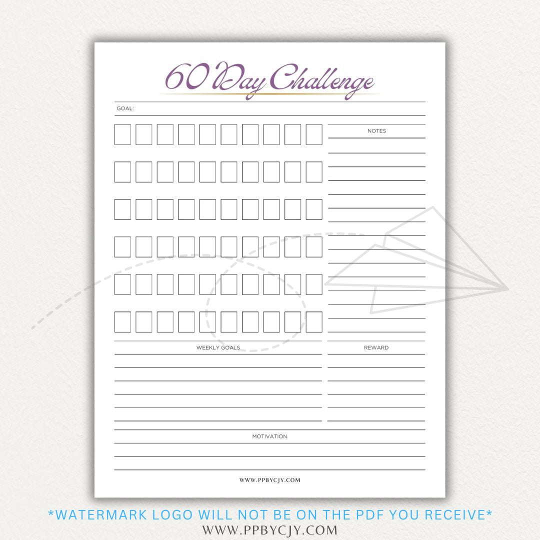 60 Day Goal Challenge Printable Template – Digital Download for Setting and Tracking Goals