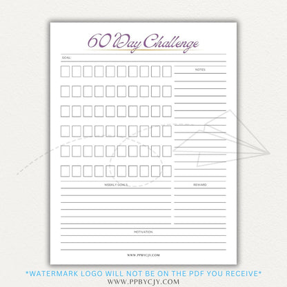 60 Day Goal Challenge Printable Template – Digital Download for Setting and Tracking Goals