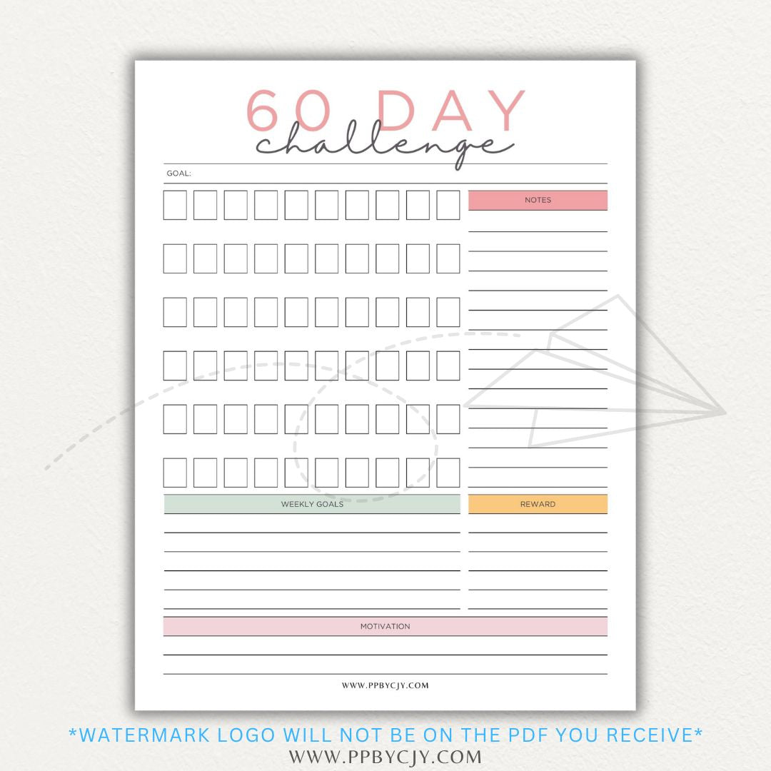 60 Day Goal Challenge Printable Template – Digital Download for Setting and Tracking Goals