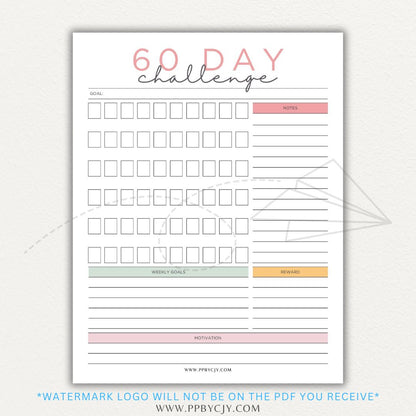 60 Day Goal Challenge Printable Template – Digital Download for Setting and Tracking Goals