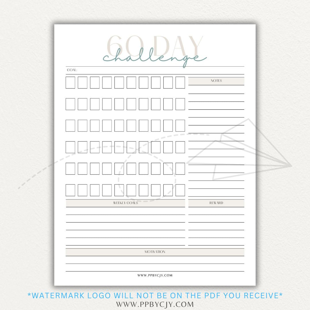 60 Day Goal Challenge Printable Template – Digital Download for Setting and Tracking Goals