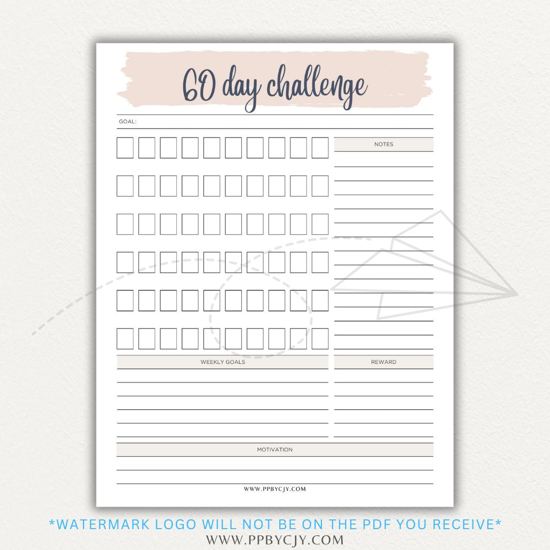 60 Day Goal Challenge Printable Template – Digital Download for Setting and Tracking Goals