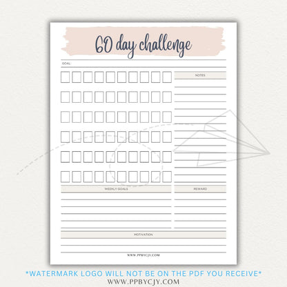 60 Day Goal Challenge Printable Template – Digital Download for Setting and Tracking Goals