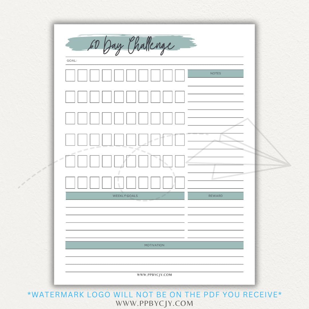 60 Day Goal Challenge Printable Template – Digital Download for Setting and Tracking Goals