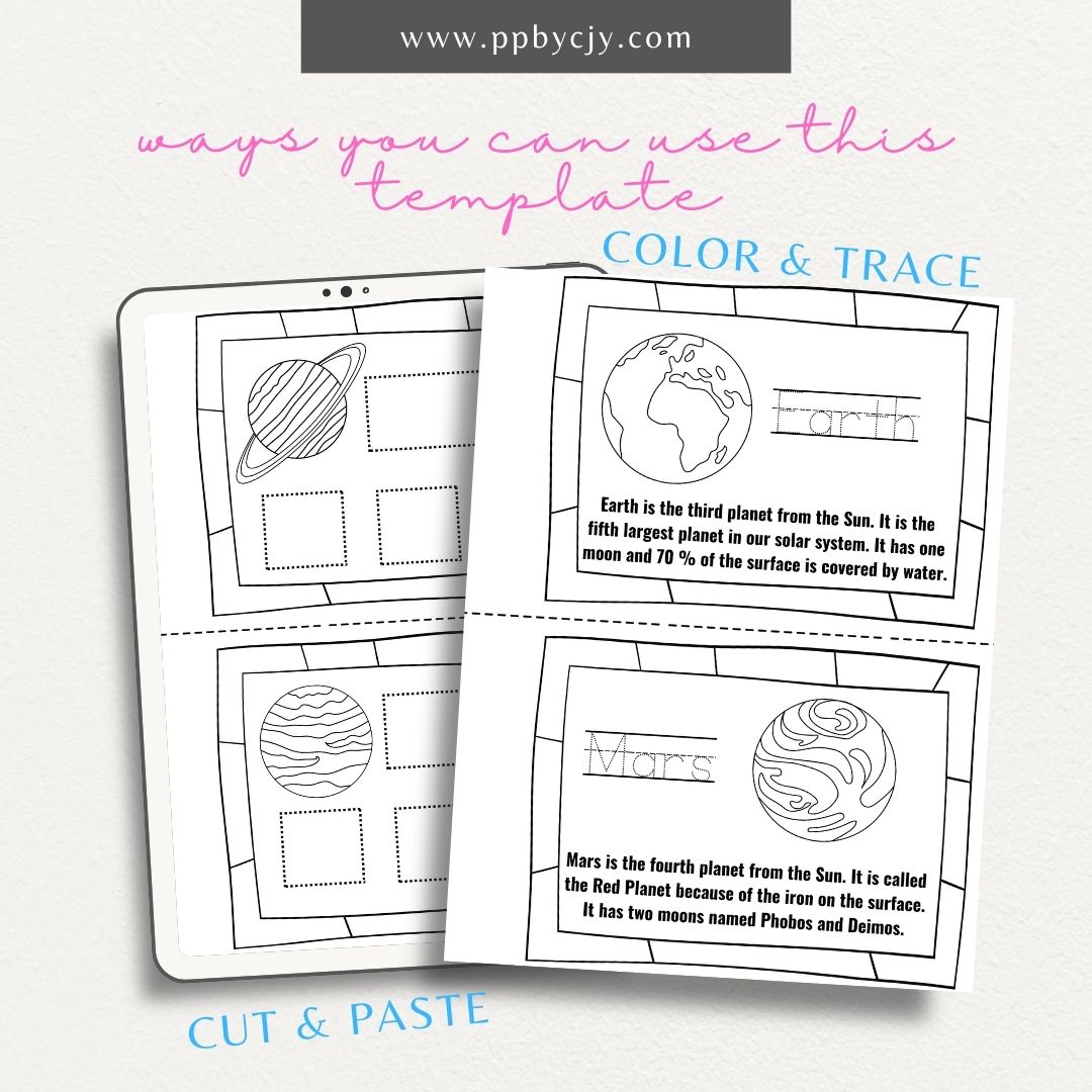 Solar System Staple Book Printable Template – Digital download for creating a staple-bound book with educational content and illustrations about the solar system