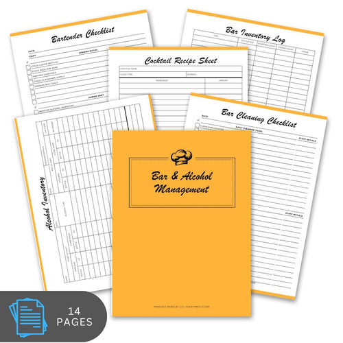 Set of bar and alcohol management checklists with an orange cover on a white background.