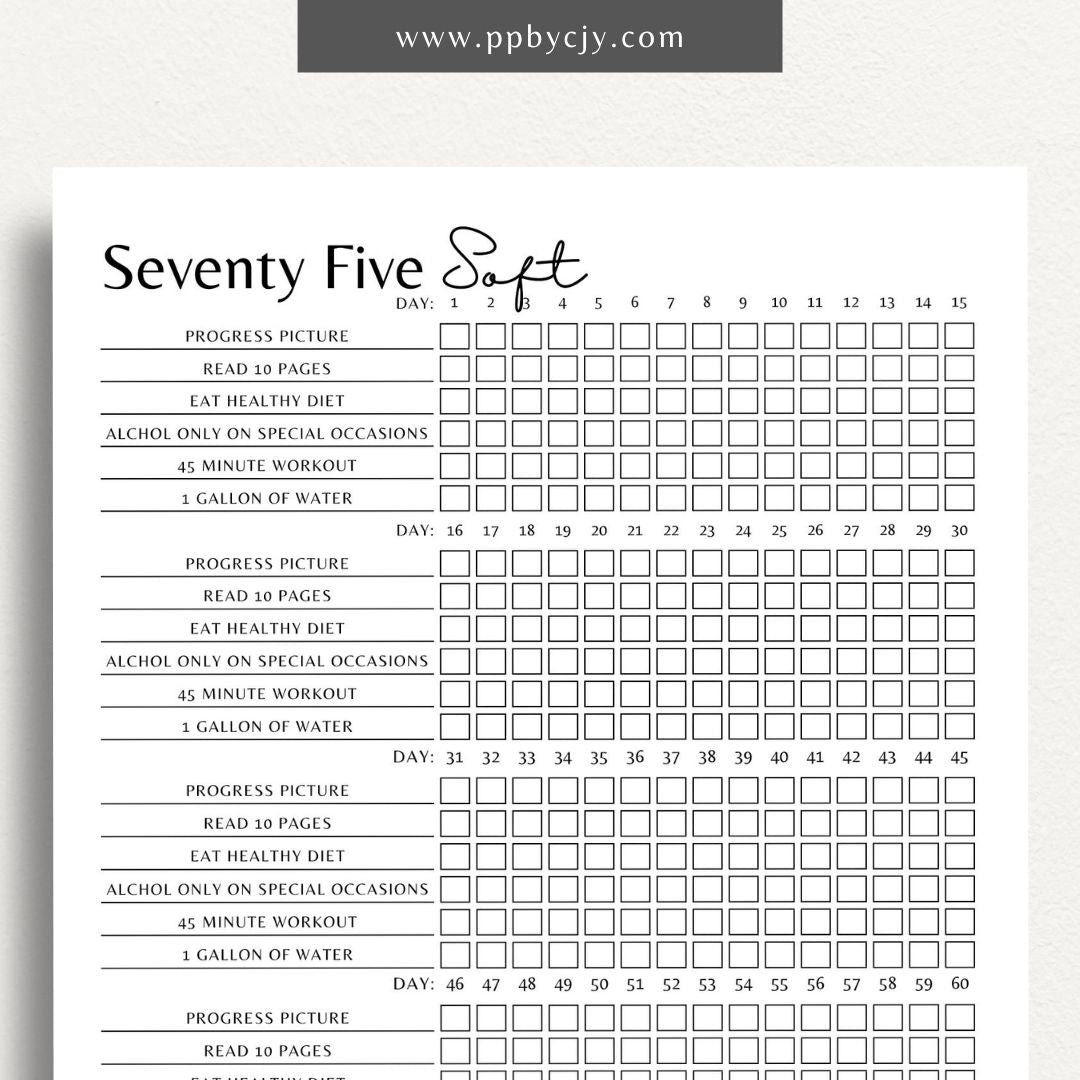 Track progress for the 75 Hard and Soft challenges with this printable progress tracker template.

