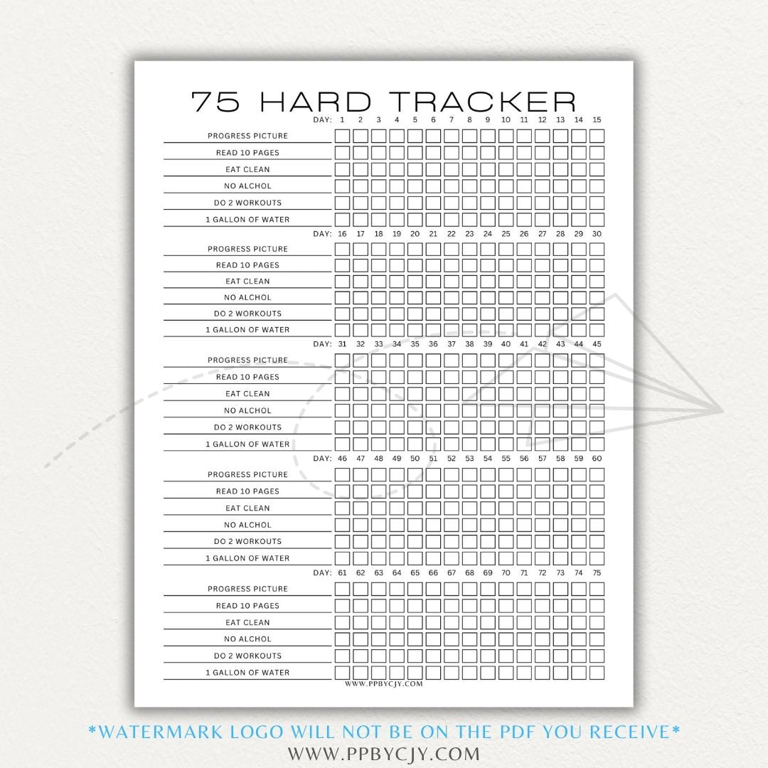 75 Hard & 75 Soft Challenge Tracker Printable PDF with sections for workouts, water intake, reading, and daily progress