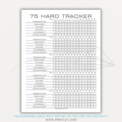 75 Hard & 75 Soft Challenge Tracker Printable PDF with sections for workouts, water intake, reading, and daily progress