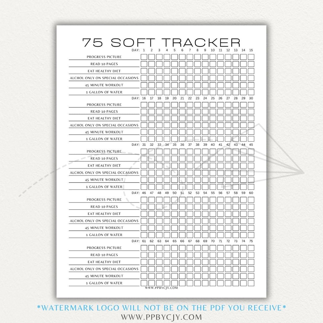 75 Hard & 75 Soft Challenge Tracker Printable PDF with sections for workouts, water intake, reading, and daily progress