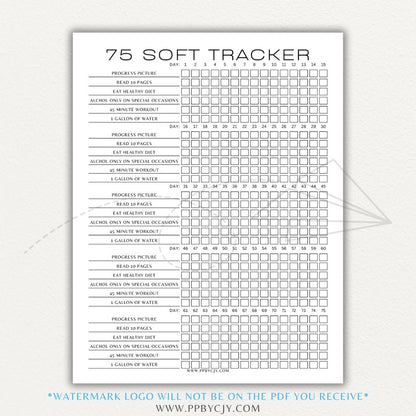 75 Hard & 75 Soft Challenge Tracker Printable PDF with sections for workouts, water intake, reading, and daily progress