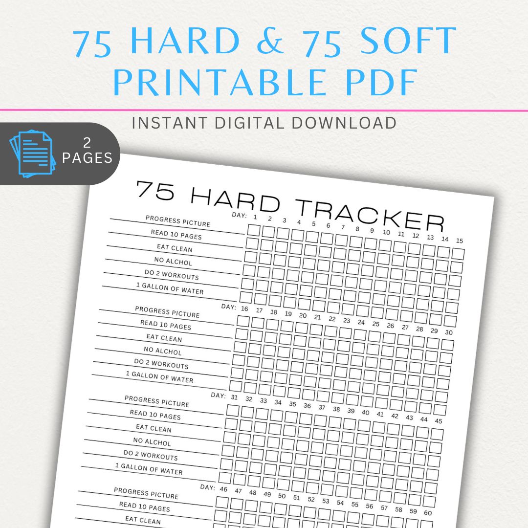 75 Hard & 75 Soft Challenge Tracker Printable PDF with sections for workouts, water intake, reading, and daily progress