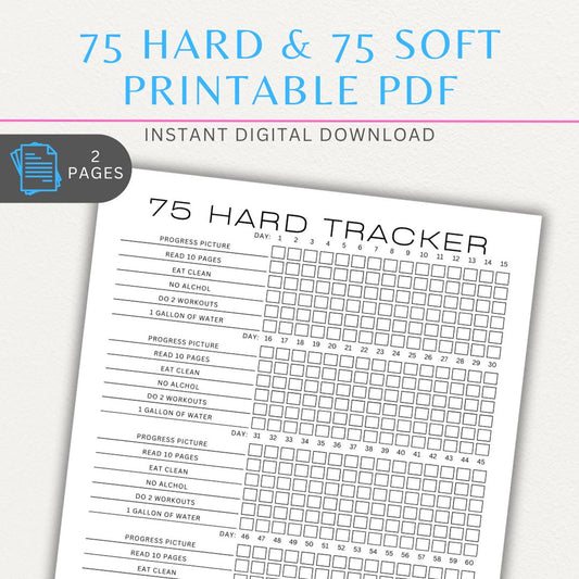 75 Hard & 75 Soft Challenge Tracker Printable PDF with sections for workouts, water intake, reading, and daily progress