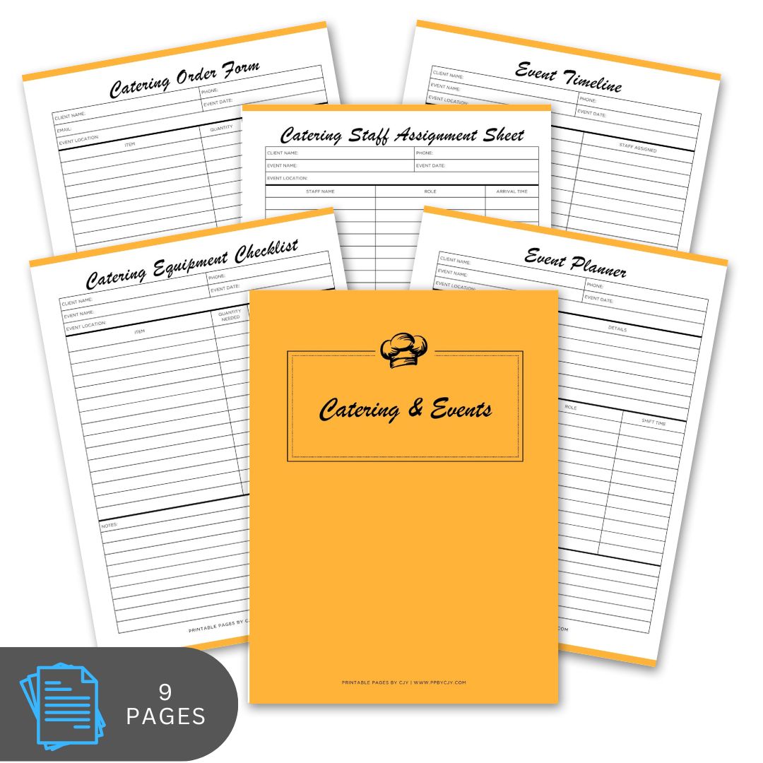 Set of catering and event planning forms with an orange binder labeled 'Catering & Events'.