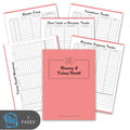 Pink notebook with urinary and kidney health tracking pages on a white background