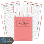 Pink notebook with allergy and reaction tracking pages on a white background