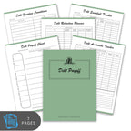 Collection of debt management worksheets with a green cover on a white background