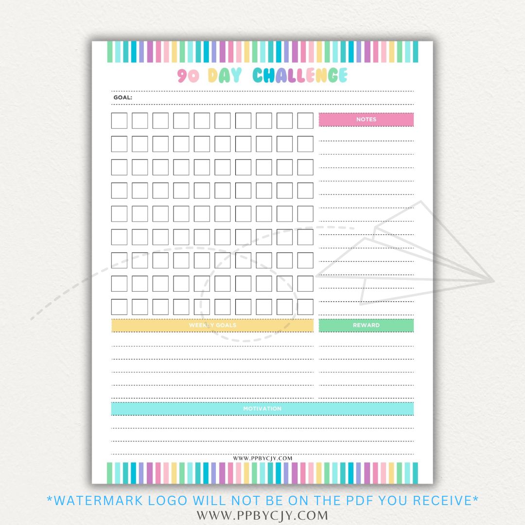 90 Day Goal Challenge Printable Template – Digital Download for Setting and Tracking Goals