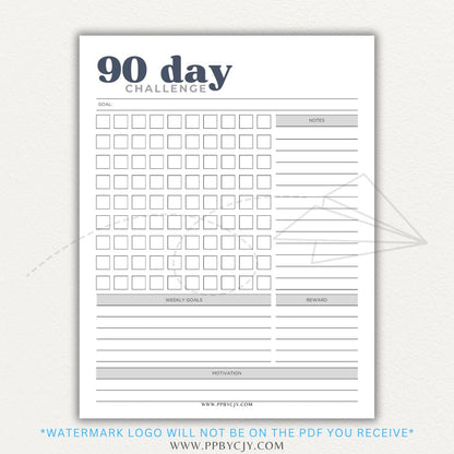 90 Day Goal Challenge Printable Template – Digital Download for Setting and Tracking Goals