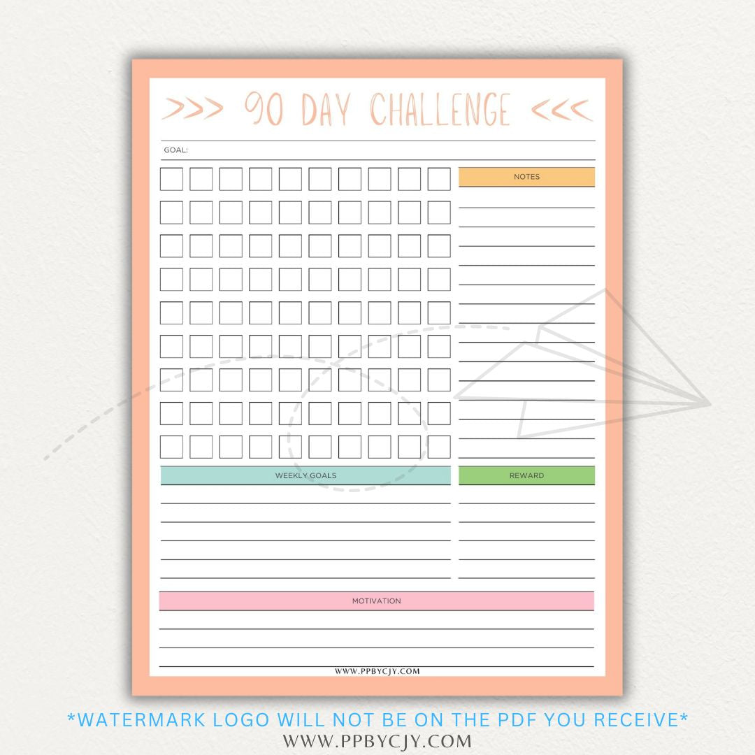 90 Day Goal Challenge Printable Template – Digital Download for Setting and Tracking Goals