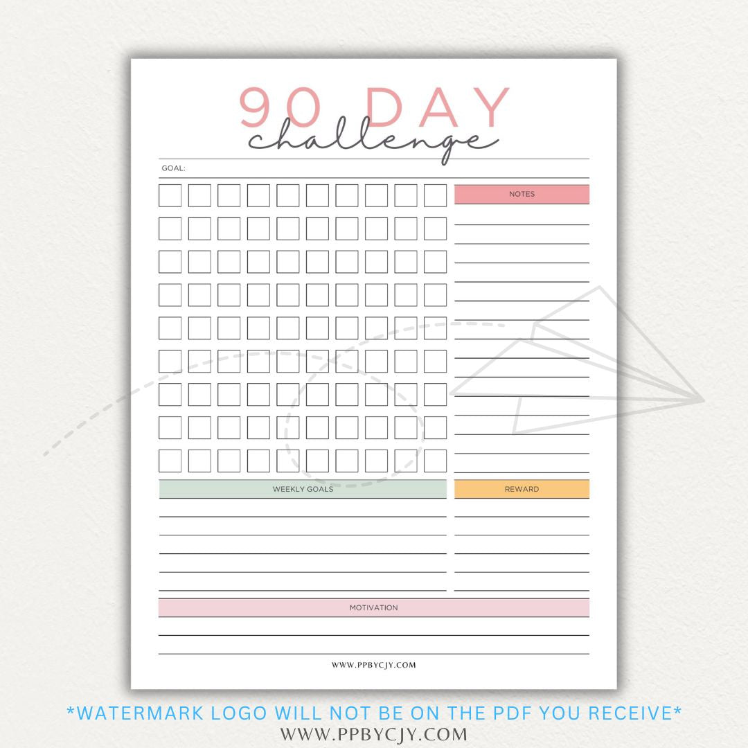 90 Day Goal Challenge Printable Template – Digital Download for Setting and Tracking Goals