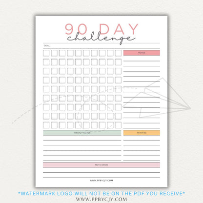 90 Day Goal Challenge Printable Template – Digital Download for Setting and Tracking Goals