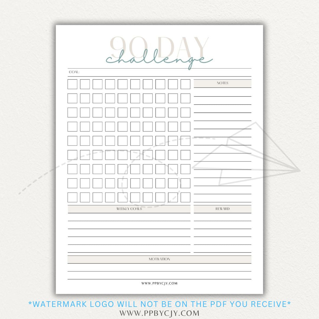 90 Day Goal Challenge Printable Template – Digital Download for Setting and Tracking Goals