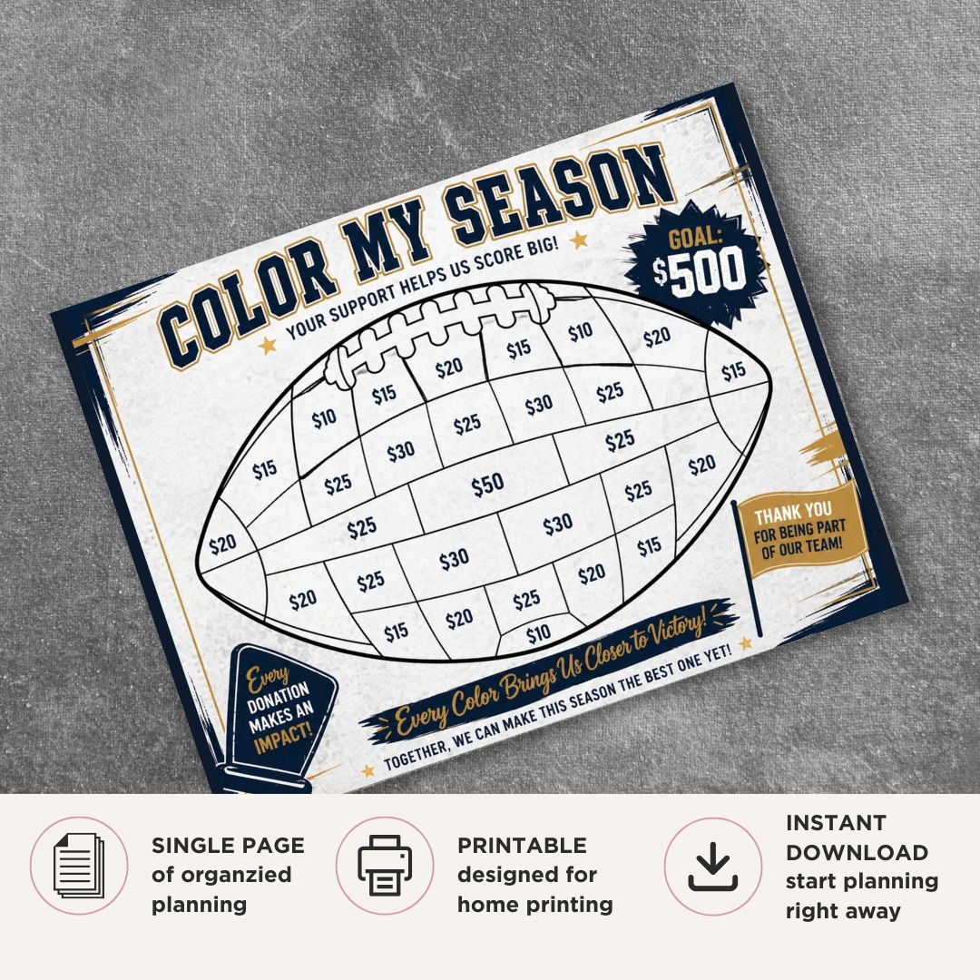 Football Fundraiser Tracker printable color in donation goal sheet for team fundraising and event tracking
