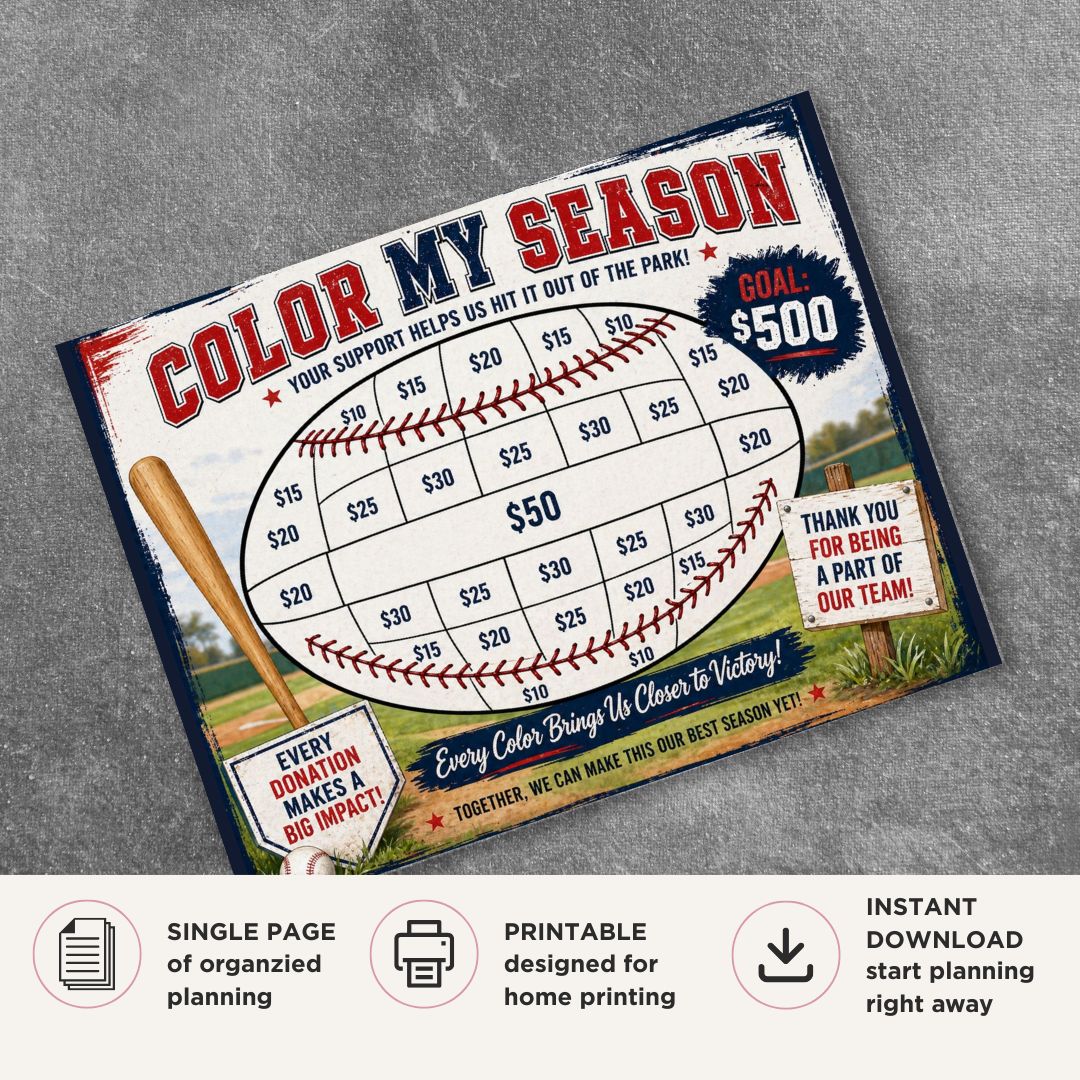 Baseball Fundraiser Tracker printable color in donation goal sheet for team fundraising and event tracking
