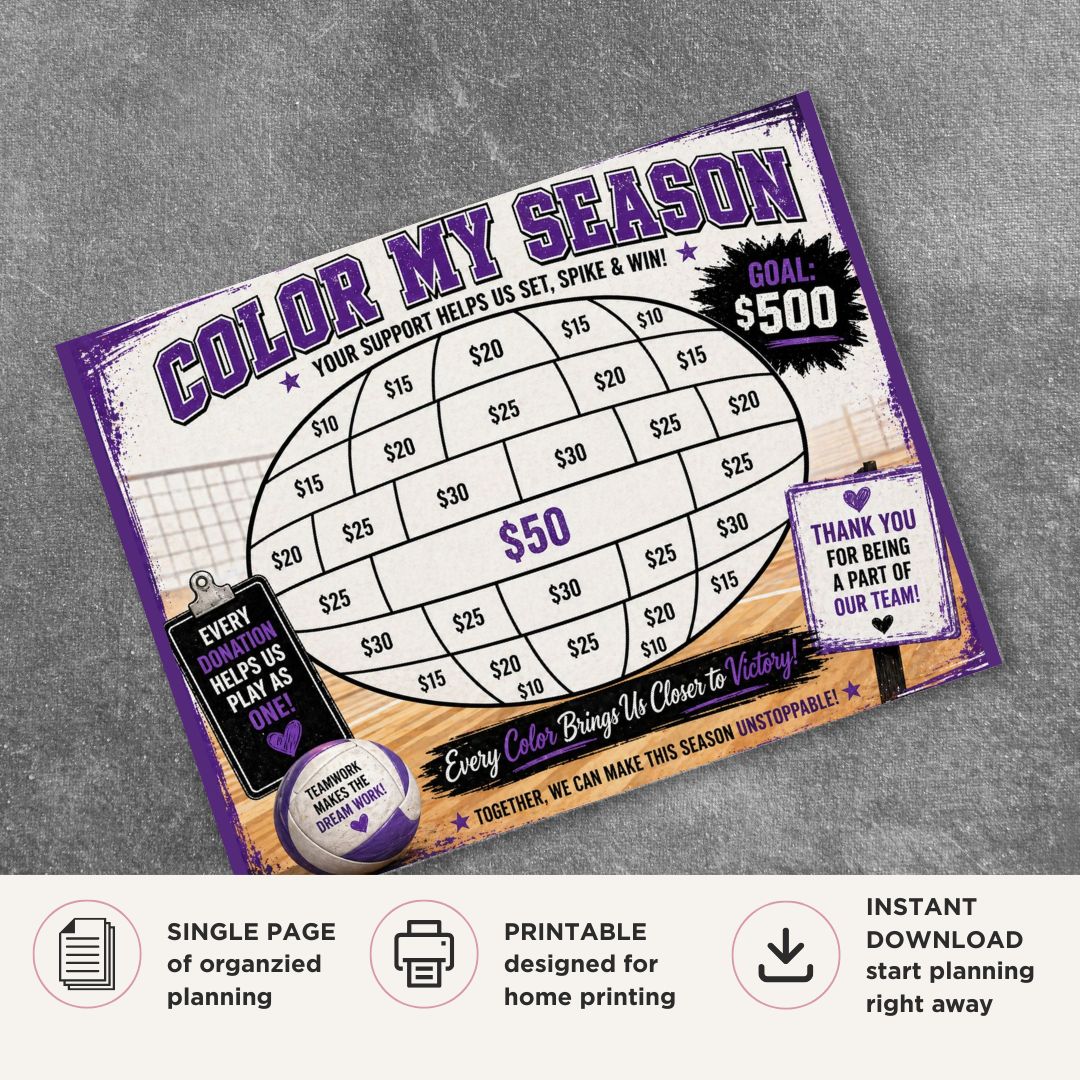 Volleyball Fundraiser Tracker printable color in donation goal sheet for team fundraising and event tracking
