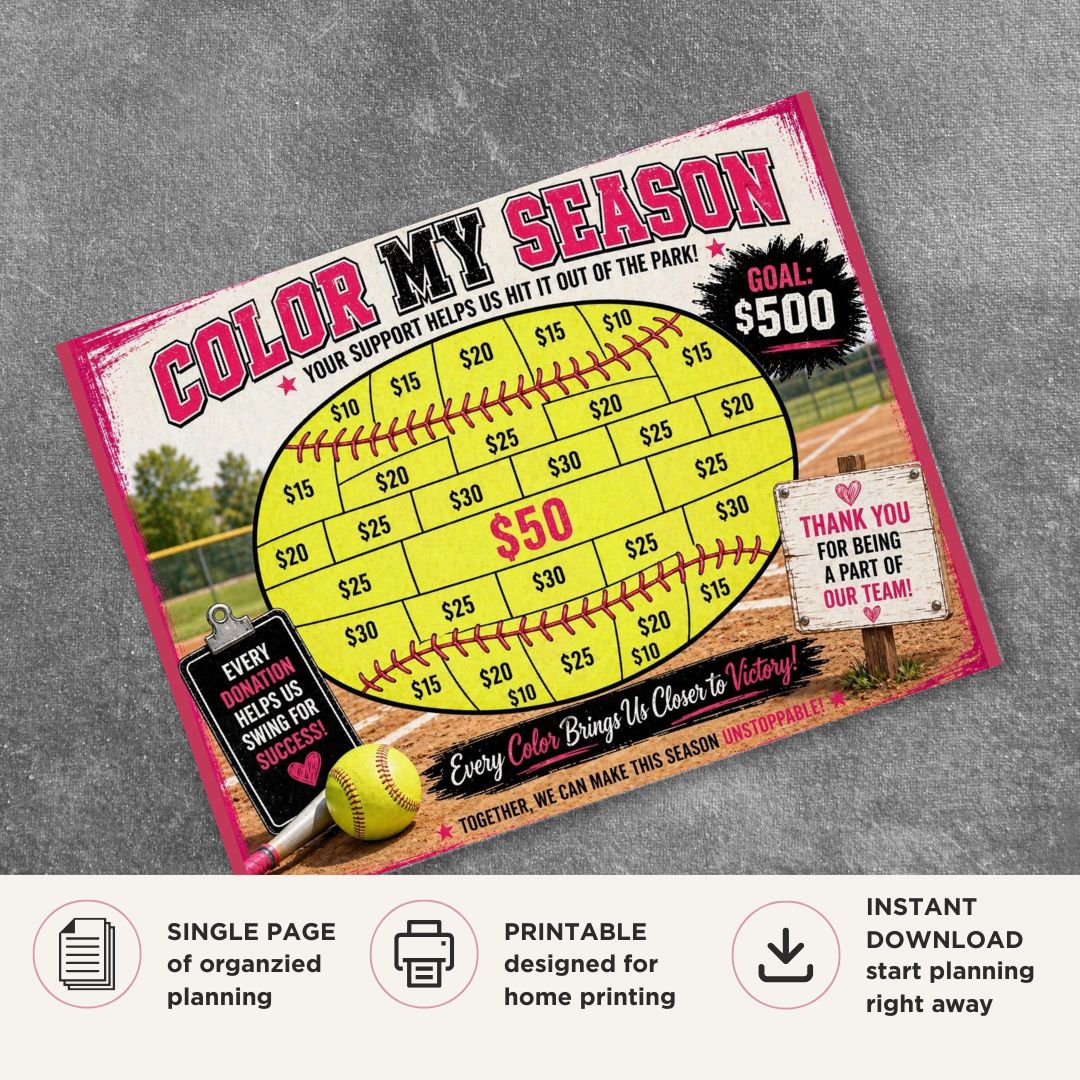 Softball Fundraiser Tracker printable color in donation goal sheet for team fundraising and event tracking
