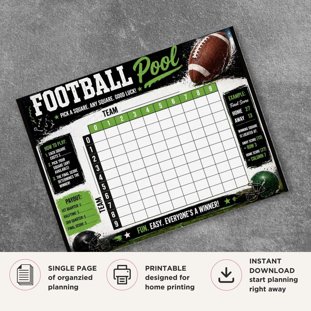 Football Pool Sheet printable betting squares and score tracking board for football games and parties
