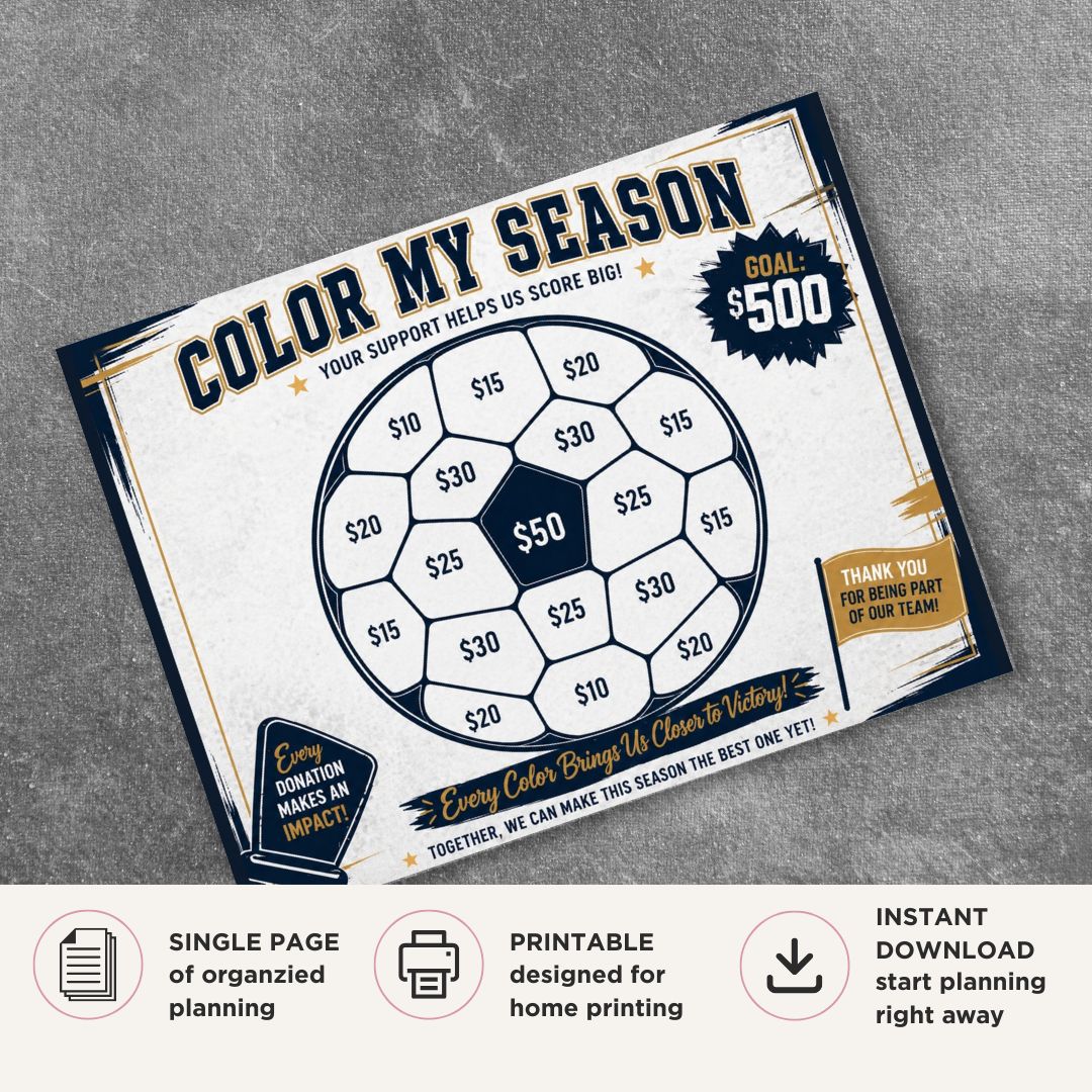 Soccer Fundraiser Tracker printable color in donation goal sheet for team fundraising and event tracking

