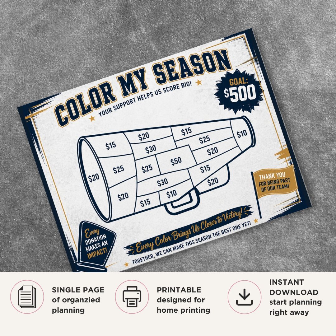 Cheer Fundraiser Tracker printable color in donation goal sheet for team fundraising and event tracking
