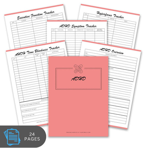 ADHD tracker notebook with various tracking pages on a white background