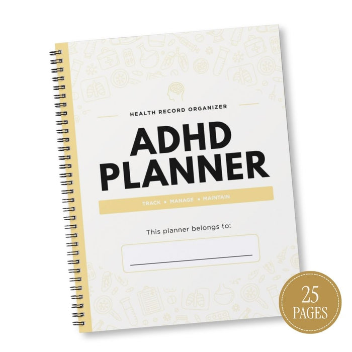 An ADHD Planner spiral notebook with a cream cover, black text, and gold accents, shown on a white background with a gold '25 PAGES' badge in the bottom right corner.