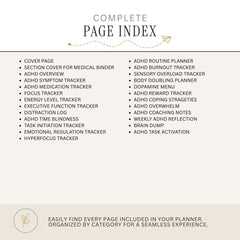 A page index cover for a planner, featuring a clean layout with the title 'COMPLETE PAGE INDEX' at the top and a bulleted list of included tracker pages below on a light beige background.