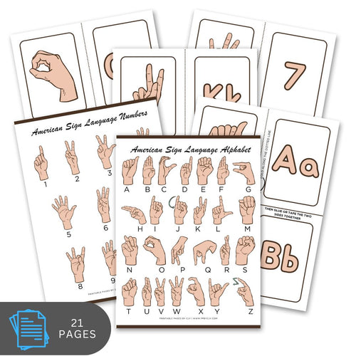 American Sign Language (ASL) flashcards for numbers and alphabet on a white background.