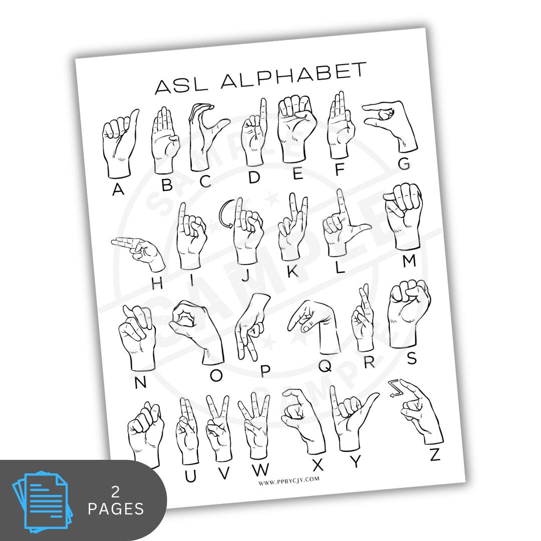 Sheet of ASL Alphabet with hand gestures on a white background