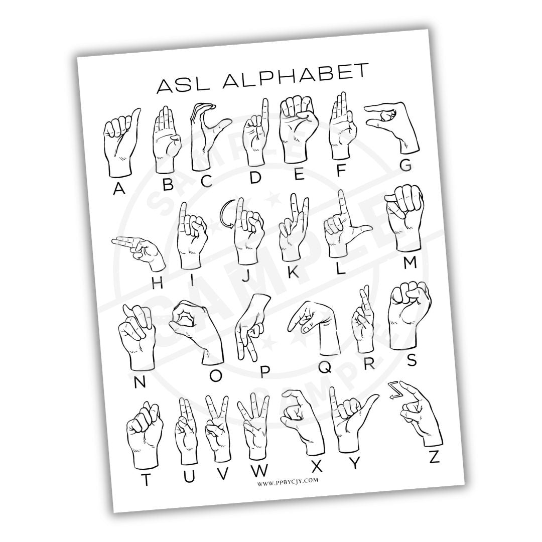 Sheet of ASL Alphabet flashcards with black outlines on a white background