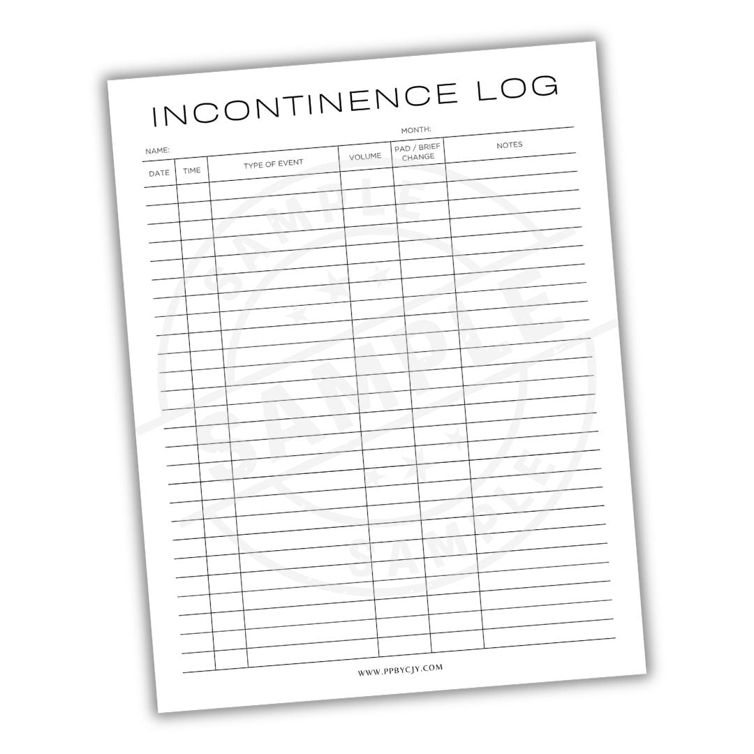 Incontinence log sheet with columns for date, time, type of event, volume, number of changes, and notes.