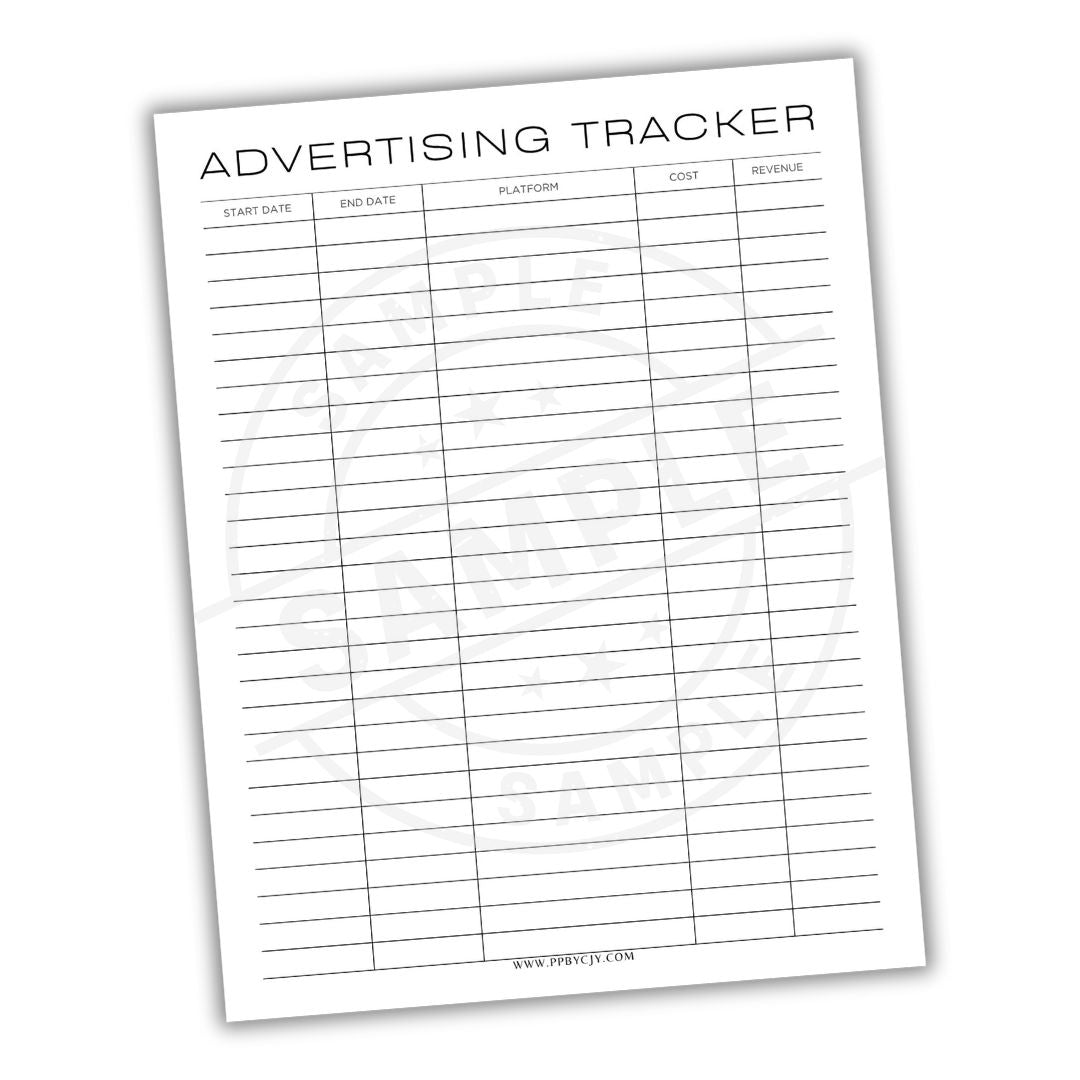 Advertising tracker sheet with columns for start date, end date, platform, cost, and revenue on a white background.