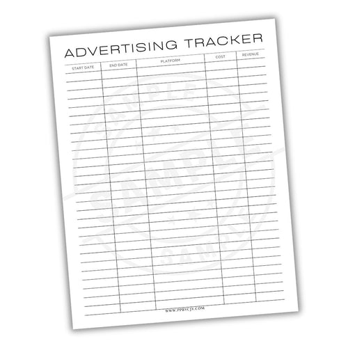 Advertising tracker sheet with columns for start date, end date, platform, cost, and revenue on a white background.