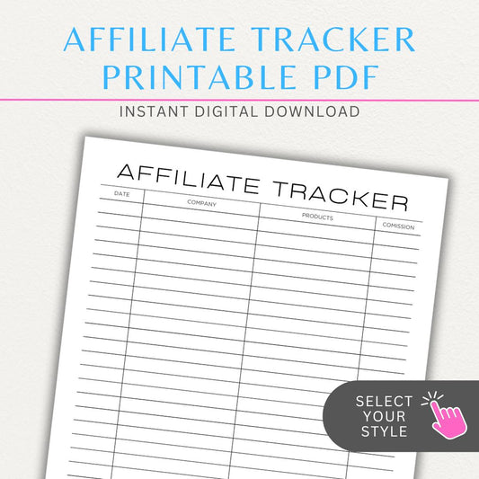 Affiliate Tracker Printable PDF Template with sections for affiliate links, commissions, and sales.