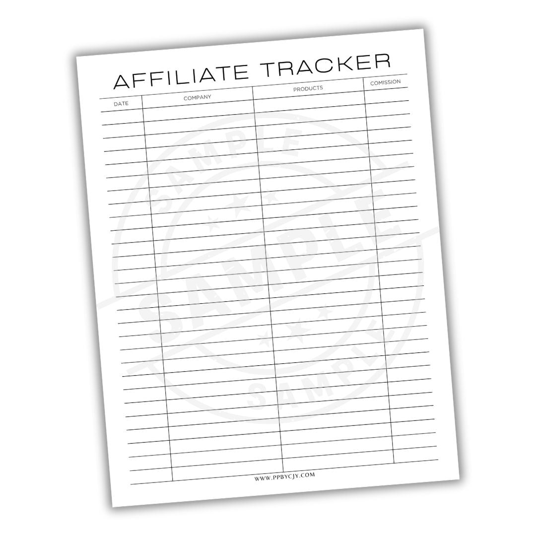 Affiliate tracker sheet with columns for date, company, products, and commission on a white background.